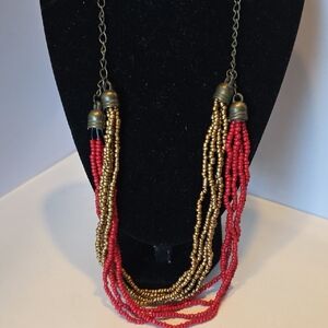 Vintage Red And Gold Multi-strand Beaded Necklace 24 Inches